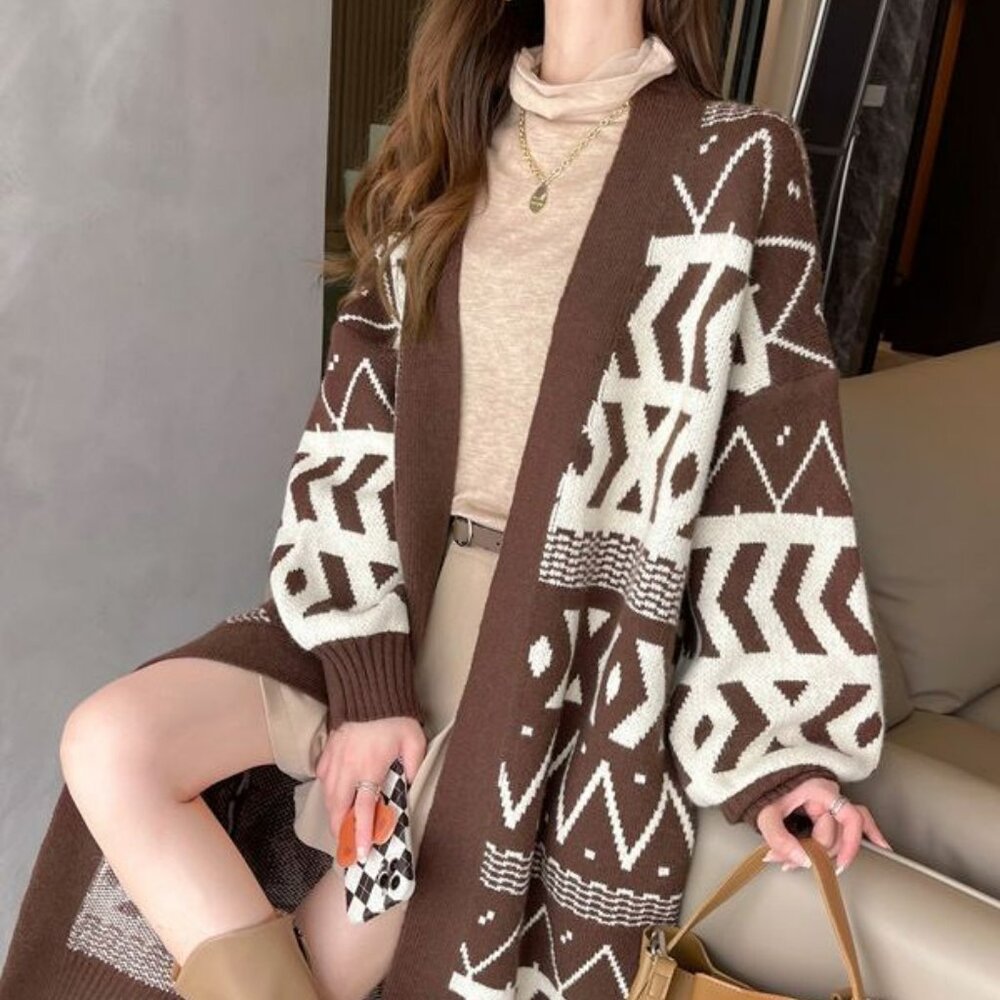 Long Knit Cardigan – Brown & Ivory